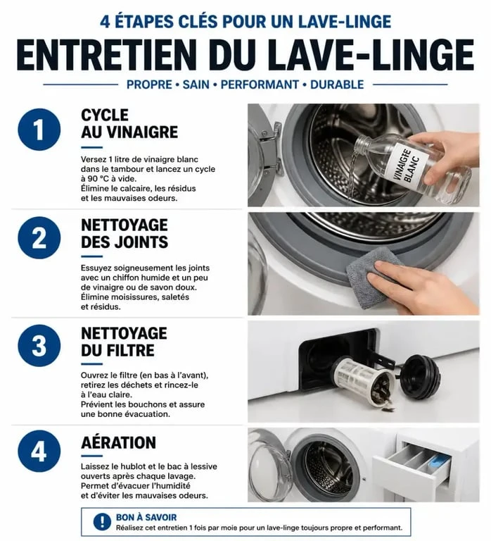 Infographie des astuces de grand-mère pour éliminer les odeurs de lave-linge
