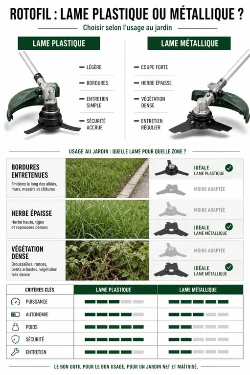 Comparatif de rotofil à lame : lame plastique et lame métallique pour choisir le bon outil de jardinage