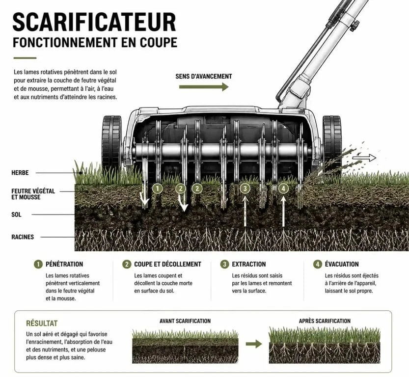 Schéma de fonctionnement d'un scarificateur pour pelouse