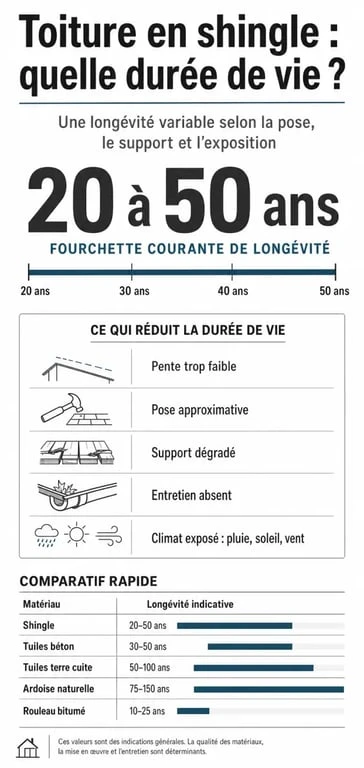 Infographie sur la toiture en shingle durée de vie, ses facteurs d’usure et sa comparaison avec d’autres couvertures