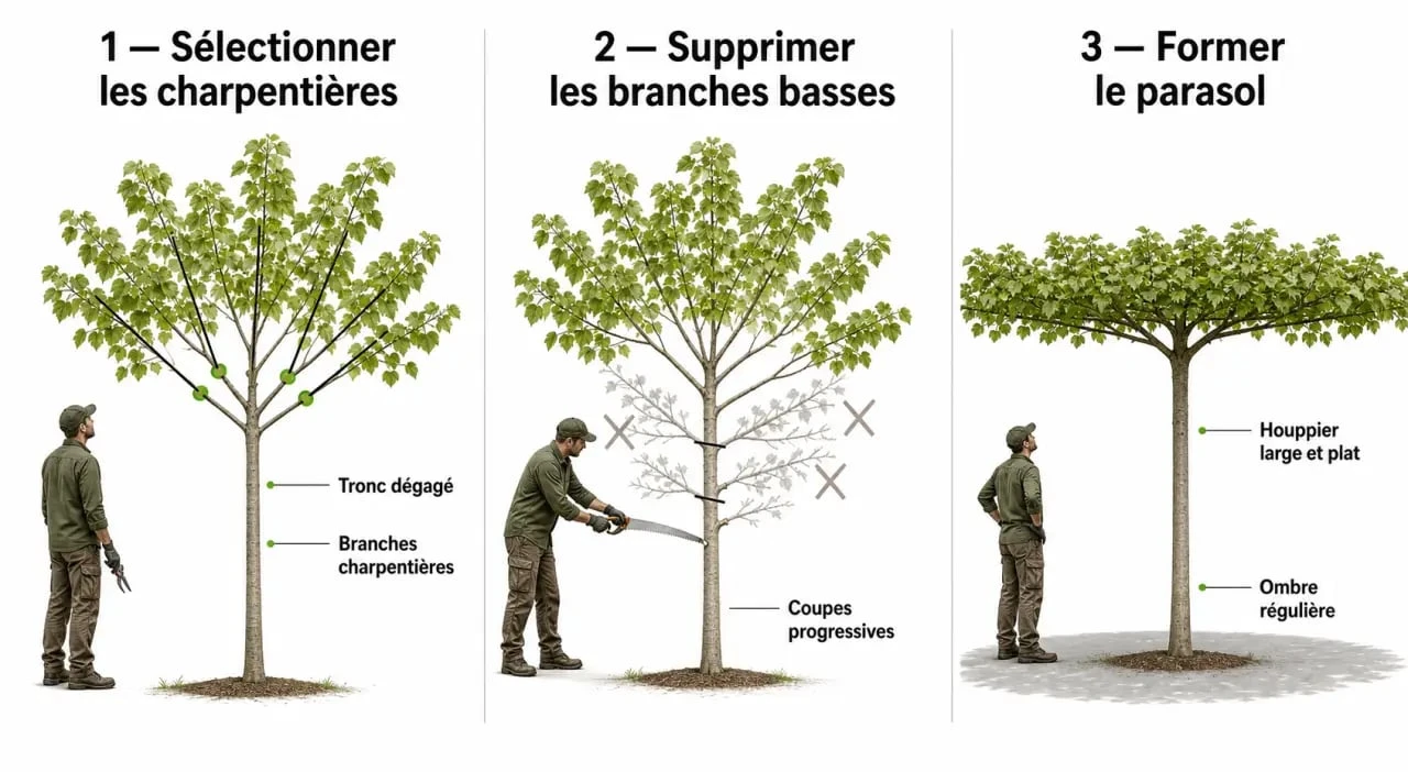 Tailler un tilleul en parasol en trois étapes, avec sélection des charpentières et formation du plateau ombrageant