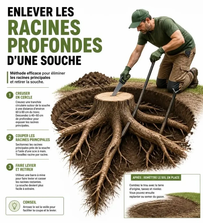 Comment enlever des racines profondes : schéma d’extraction manuelle d’une souche avec pelle, scie et barre à mine