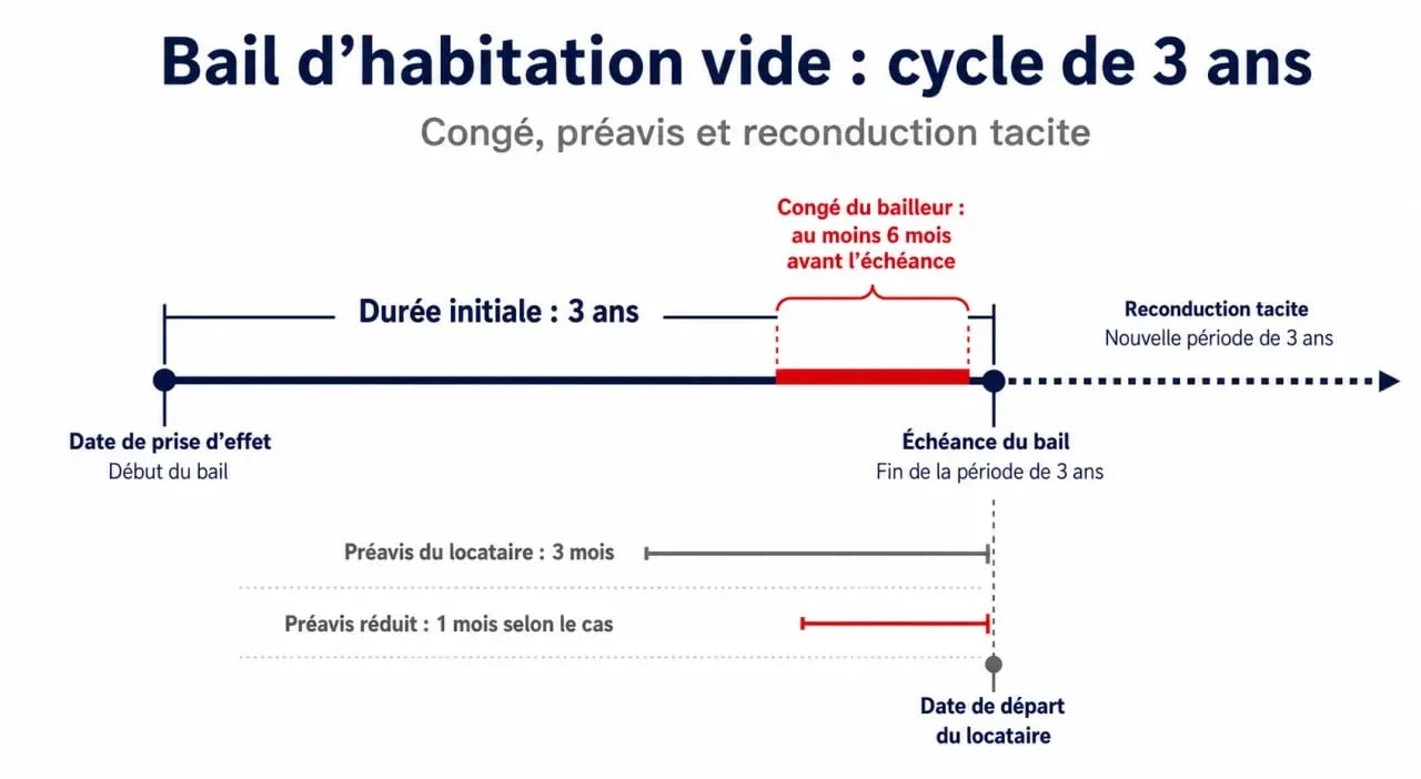 Reconduction tacite bail 3 ans : frise des délais de congé et de poursuite automatique du bail