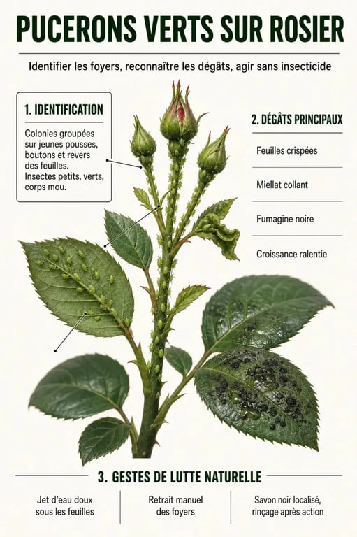 Pucerons verts rosiers : infographie d’identification, dégâts et traitements naturels