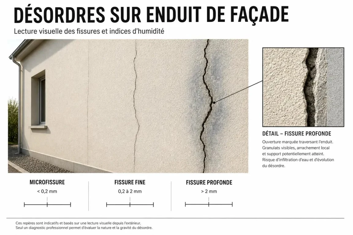 Micro fissure crépi extérieur : schéma éditorial comparant microfissure, fissure fine et fissure profonde sur une façade