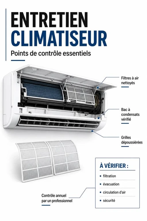 Entretien climatiseur : schéma des filtres, du bac à condensats et du contrôle annuel