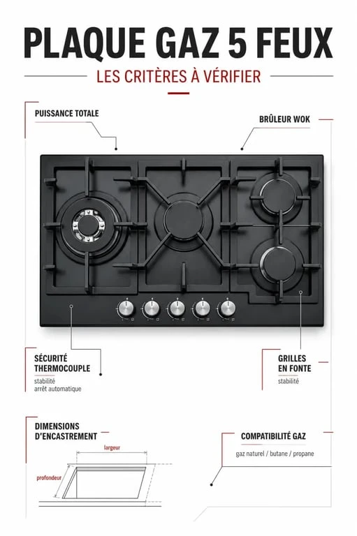 Meilleur plaque de cuisson gaz 5 feux : visuel comparatif des critères de choix essentiels