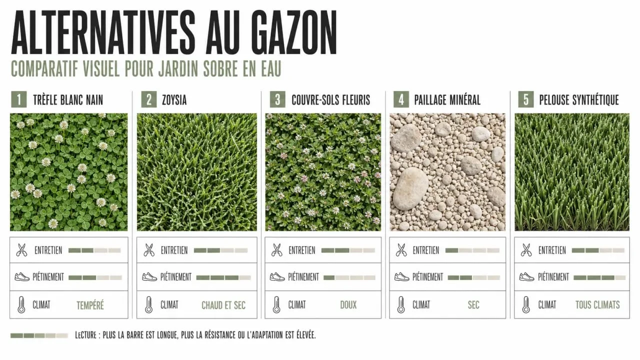 Par quoi remplacer le gazon : comparatif visuel des alternatives au gazon selon l’entretien, le piétinement et le climat