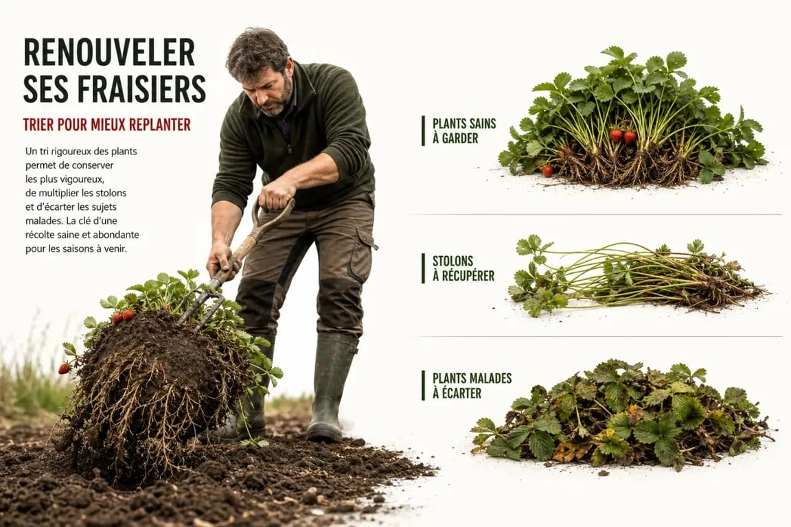 Que faire des vieux fraisiers : arrachage et tri des plants au jardin