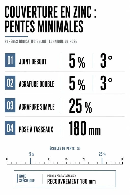 Pente toiture zinc : comparatif des techniques de pose et des pentes minimales