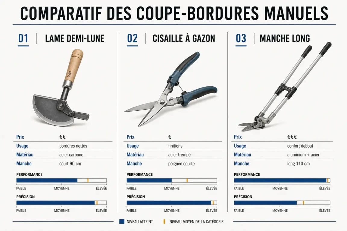 Comparatif coupe bordure manuel : lame demi-lune, cisaille à gazon et manche long