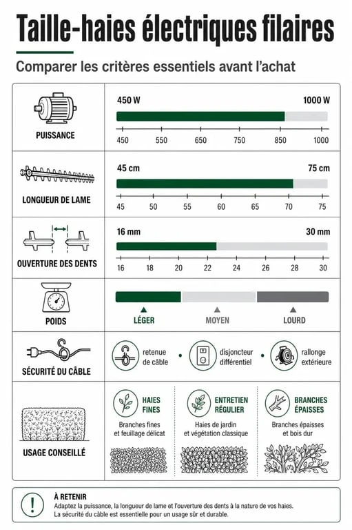 Infographie comparative sur le taille haie electrique filaire avec puissance, longueur de lame et sécurité du câble
