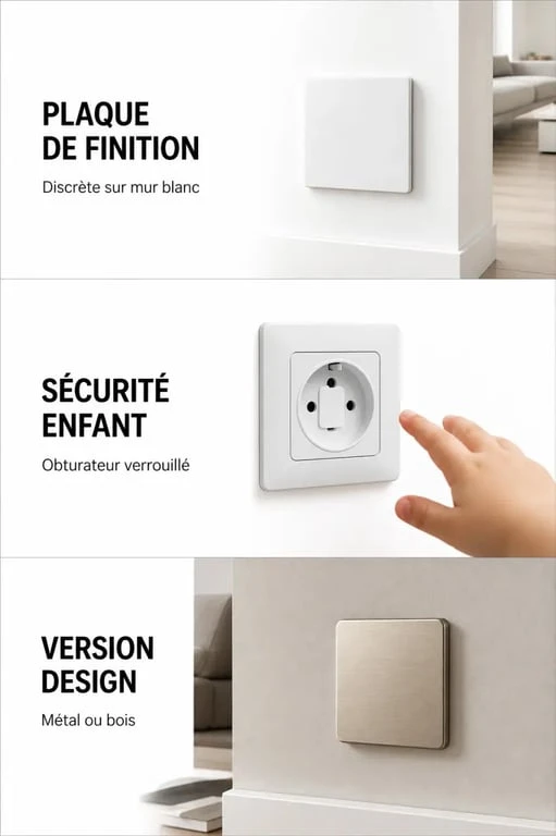 Cache prise de courant : trois usages illustrés entre finition décorative, sécurité enfant et protection dans une pièce rénovée