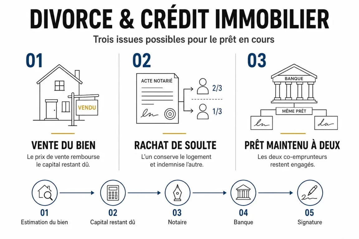 Schéma du divorce et crédit immobilier en cours avec les options vente, rachat de soulte et désolidarisation
