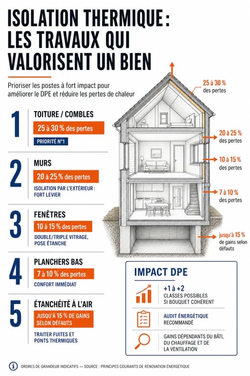 Optimiser l'isolation thermique pour valoriser son bien immobilier : infographie des travaux prioritaires et de leur impact sur le DPE