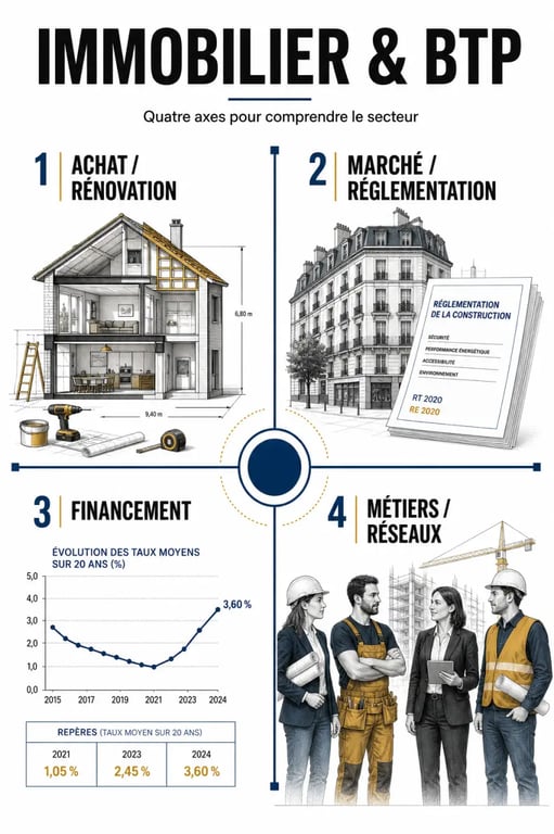 Immobilier & BTP : vue d’ensemble des sous-thèmes financement, marché, réglementation et métiers