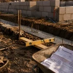 Fondation mur de cloture : tranchée de fondation creusée et béton coulé
