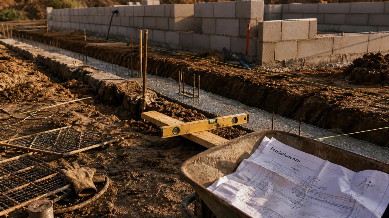 Fondation mur de cloture : tranchée de fondation creusée et béton coulé