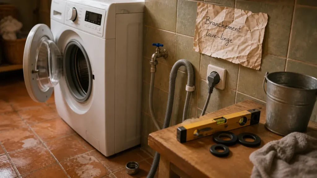 Branchement lave-linge : eau froide, évacuation 65 à 100 cm et prise de terre