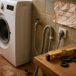 Lave linge branchement : eau froide, évacuation 65-100 cm et prise de terre visibles