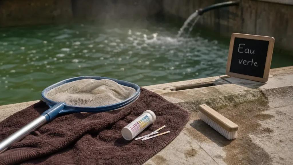 Piscine verte en 48 h : pH 7 à 7,4, filtration continue et erreurs à éviter