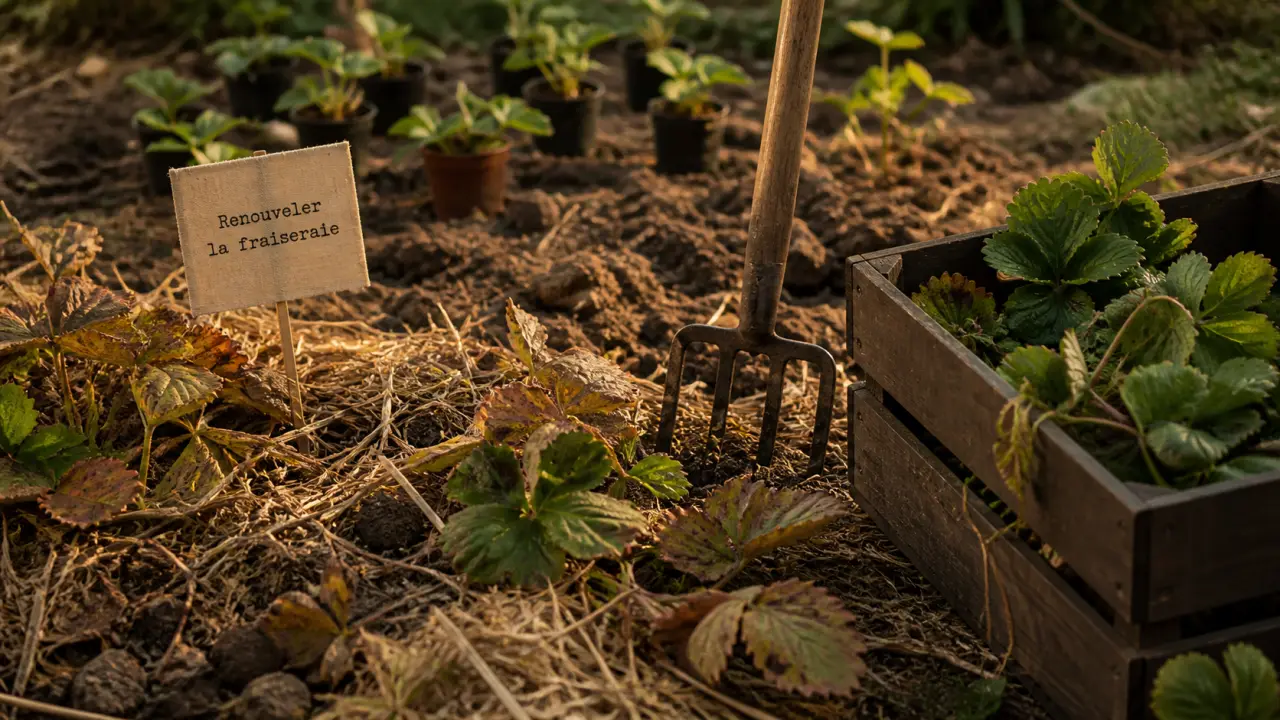 Que faire des vieux fraisiers : planche de fraisiers fatigués et jeunes plants en renouvellement