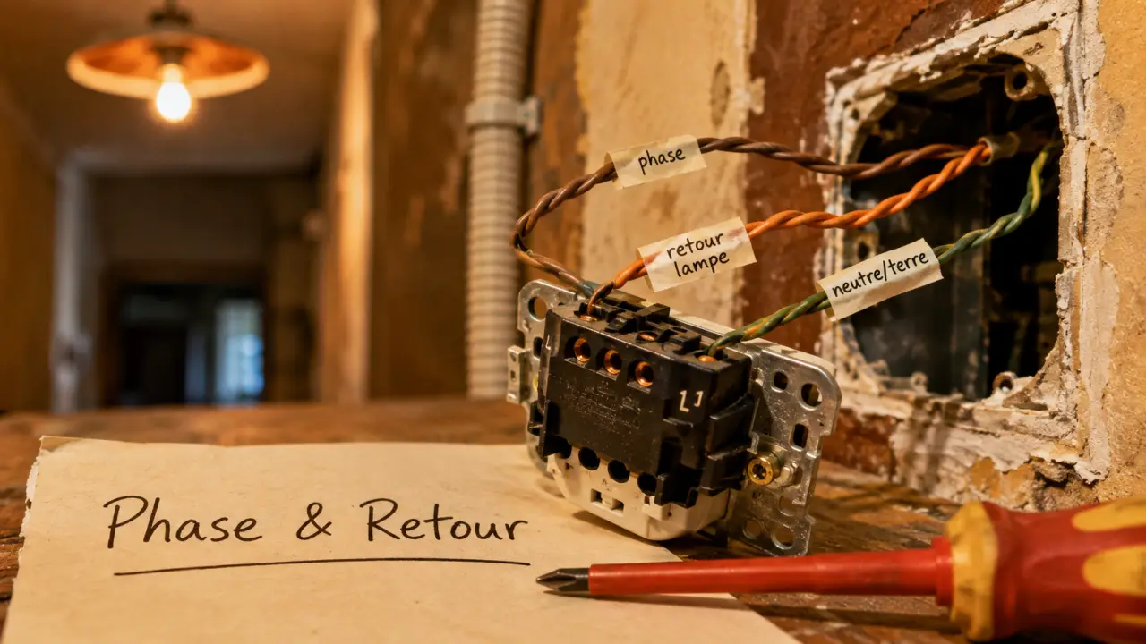 Cablage simple allumage : phase, retour lampe et interrupteur