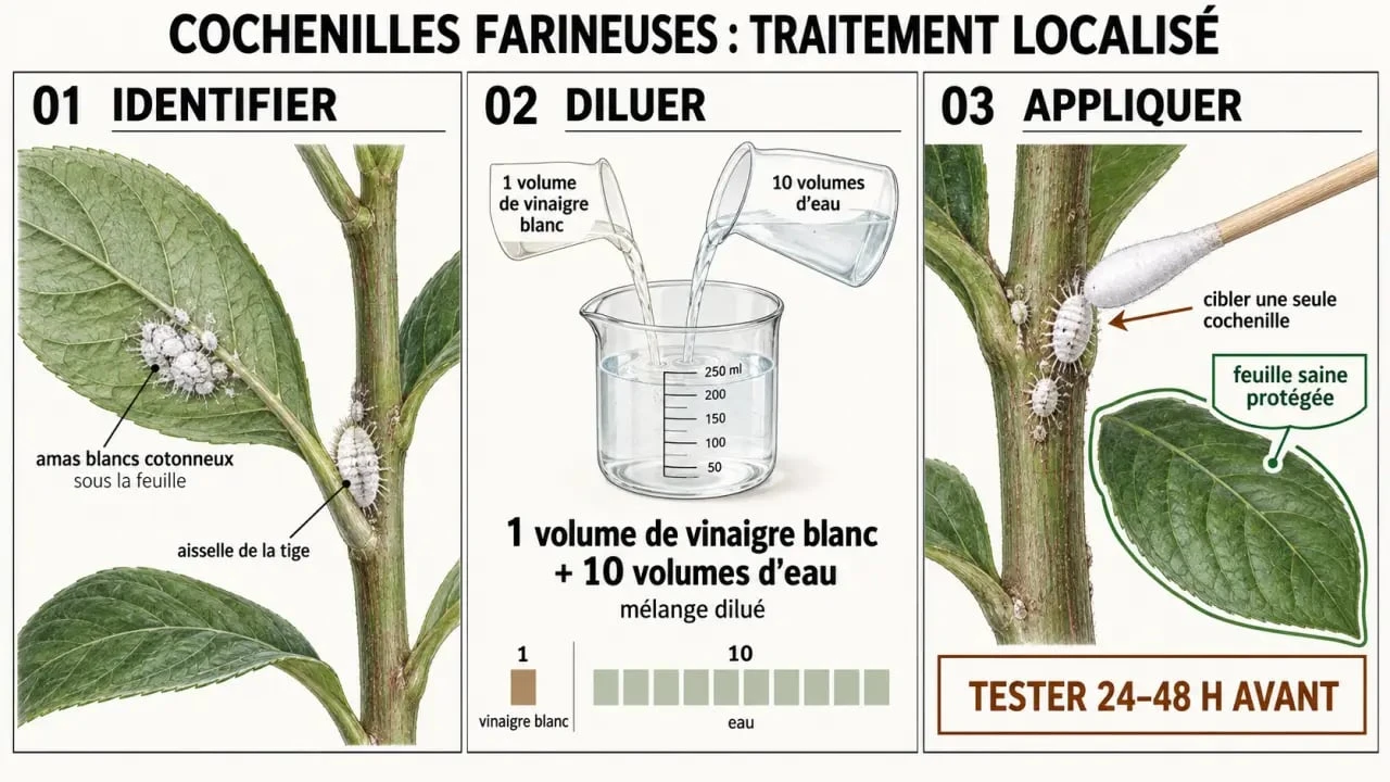 Traitement cochenille vinaigre blanc dilué appliqué au coton-tige sur une cochenille farineuse