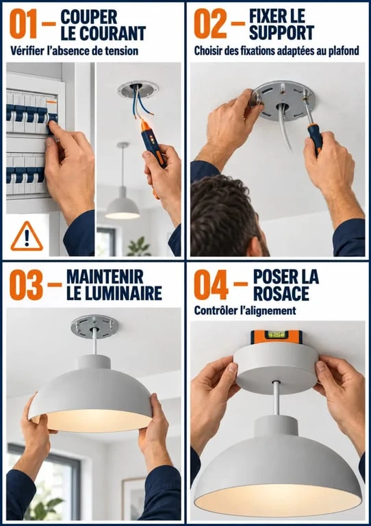 Étapes illustrées pour installer un luminaire plafond en toute sécurité
