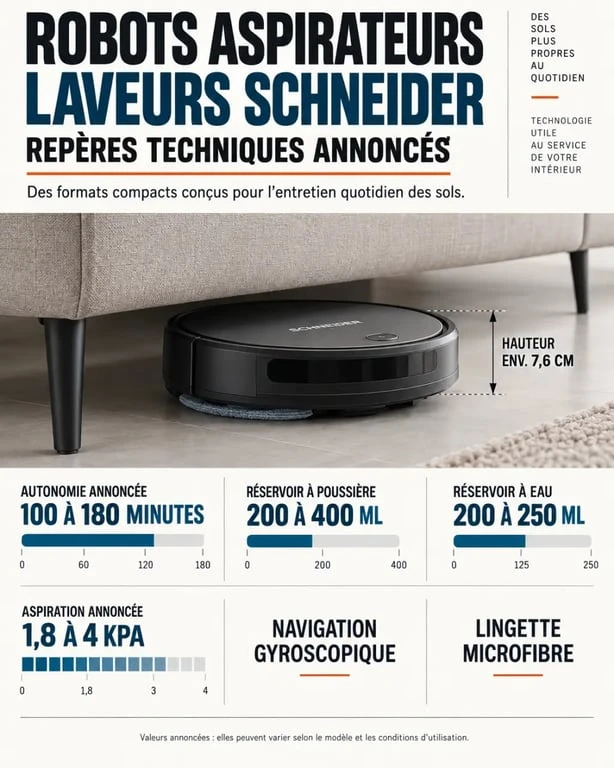 Robot aspirateur laveur Schneider avec caractéristiques techniques et navigation gyroscopique