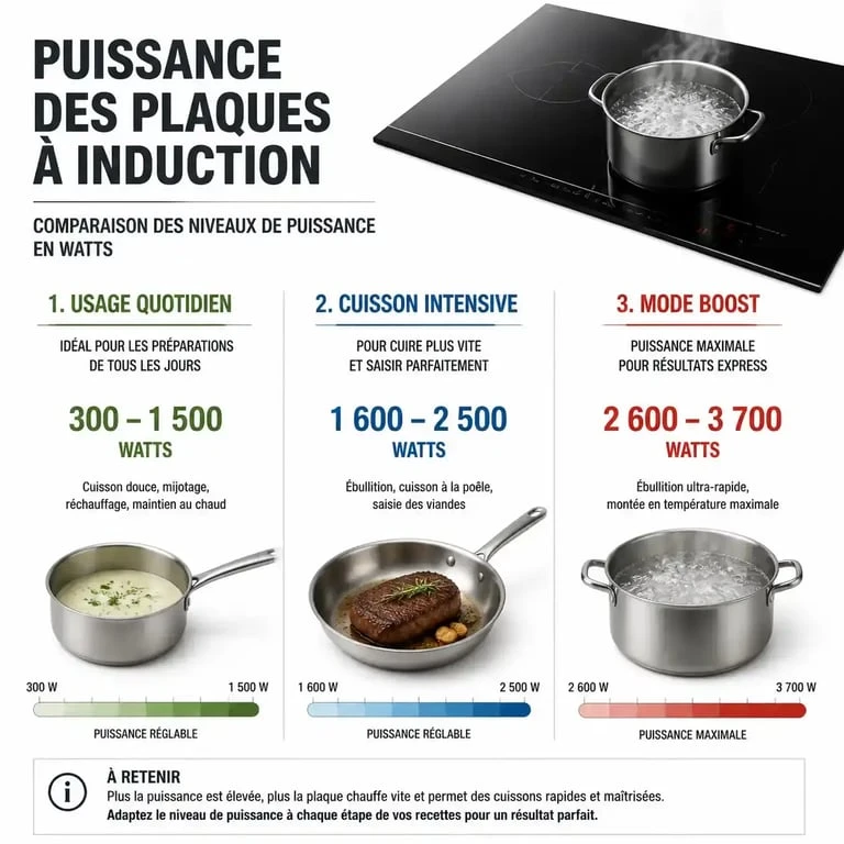 Tableau comparatif de la puissance d'une plaque à induction selon les usages