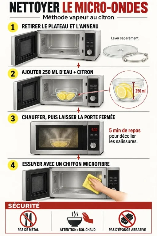 Étapes du nettoyage micro onde à la vapeur de citron avec chiffon microfibre