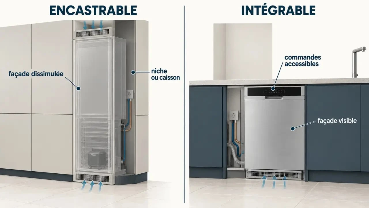 Infographie sur la différence entre encastrable et intégrable en cuisine