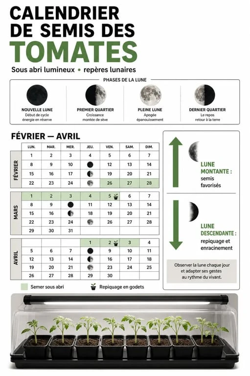 Quand semer les tomates avec la lune : calendrier visuel du semis en lune montante et du repiquage en lune descendante