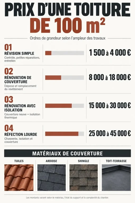 Infographie sur le prix d'une toiture 100 m² selon les travaux et les matériaux