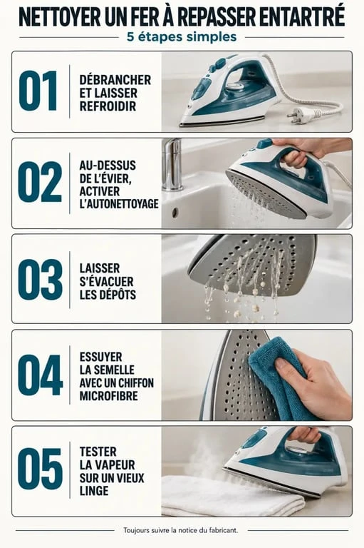 Étapes pour nettoyer un fer à repasser calcaire avec autonettoyage et chiffon microfibre