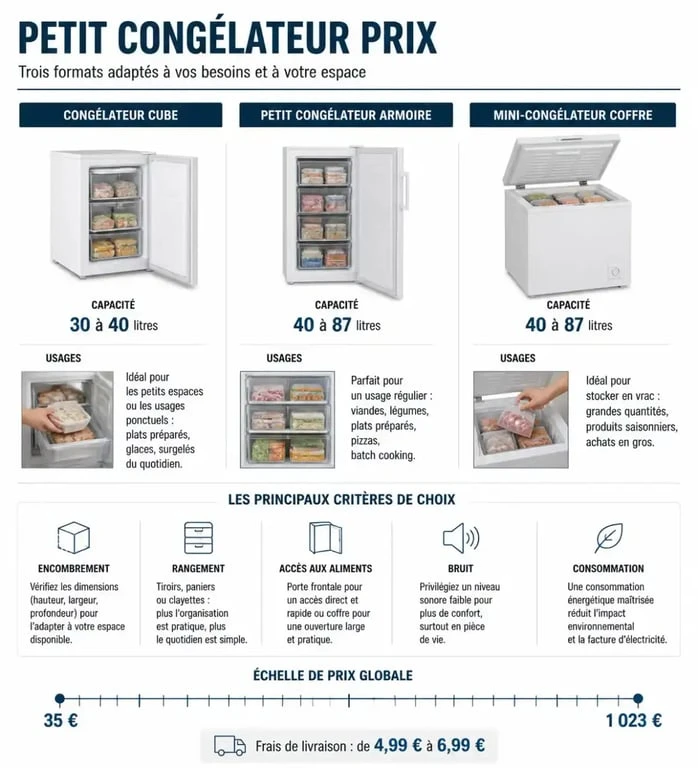 Infographie sur le petit congélateur prix, les formats, capacités et critères de comparaison
