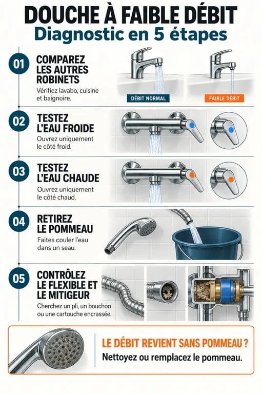 Schéma de diagnostic pour une situation de pas de pression douche