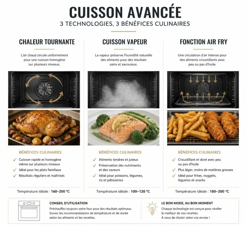Comparatif des modes de cuisson pour four encastrable : vapeur et air fry