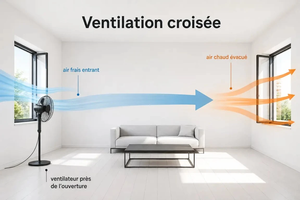 Comment rafraîchir une pièce avec un ventilateur : schéma d'un courant d'air croisé entre deux fenêtres