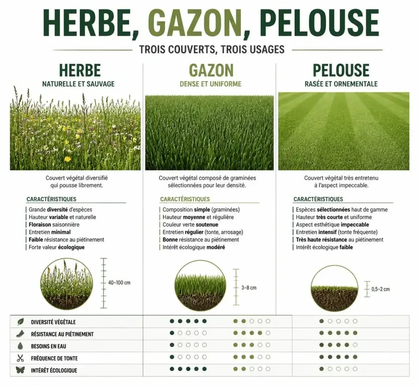 Comparatif visuel entre herbe, gazon et pelouse pour comprendre les différences d'entretien et d'esthétique