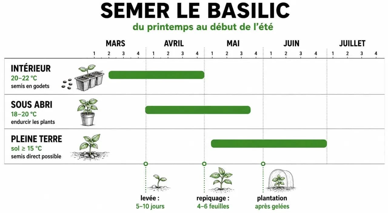 Quand semer le basilic : calendrier visuel des semis en intérieur, sous abri et en pleine terre