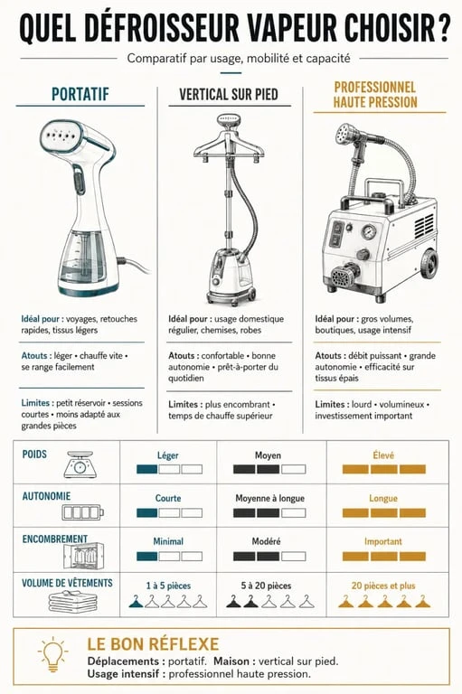 Infographie comparative pour savoir quel défroisseur choisir selon le type d’appareil et l’usage
