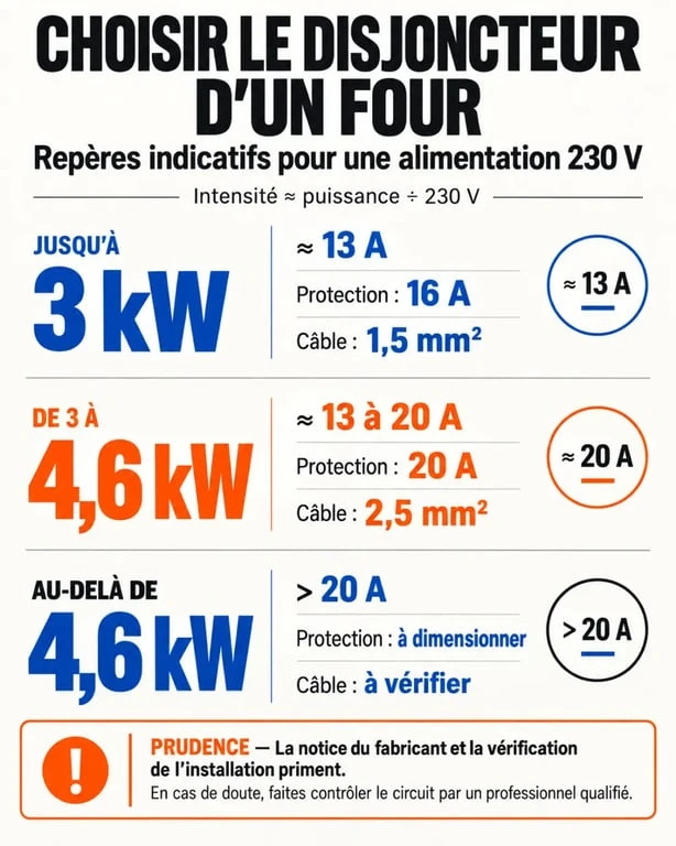 Infographie sur quel disjoncteur pour un four selon la puissance et la section du câble