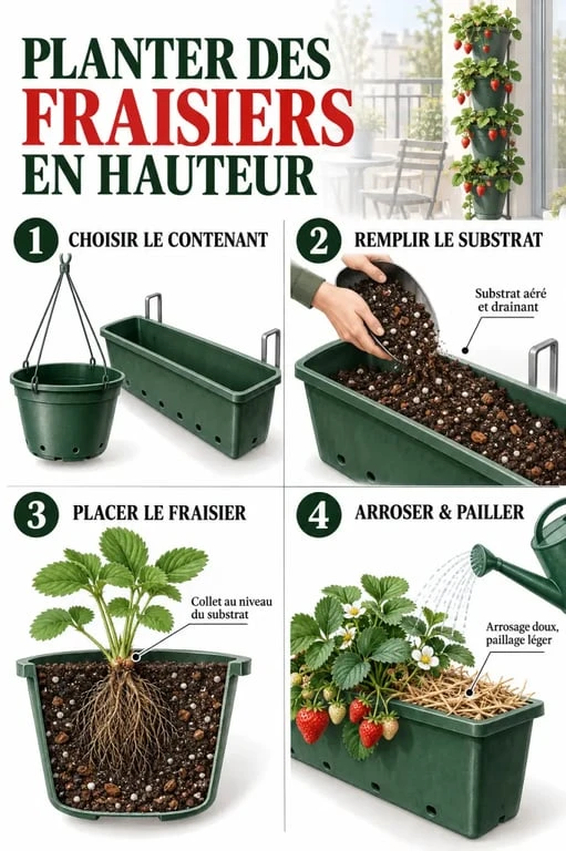 Étapes de plantation de fraisier en hauteur dans un pot ou une gouttière
