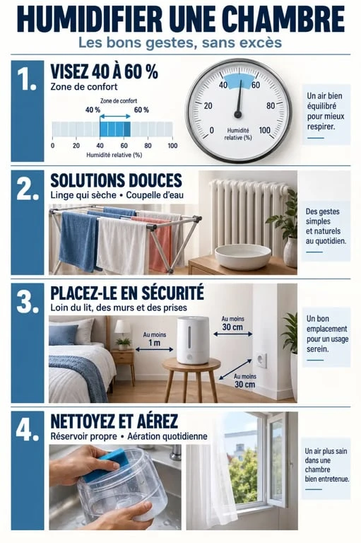 Infographie pratique pour comprendre comment humidifier une chambre avec un hygromètre, un humidificateur et une routine d’entretien