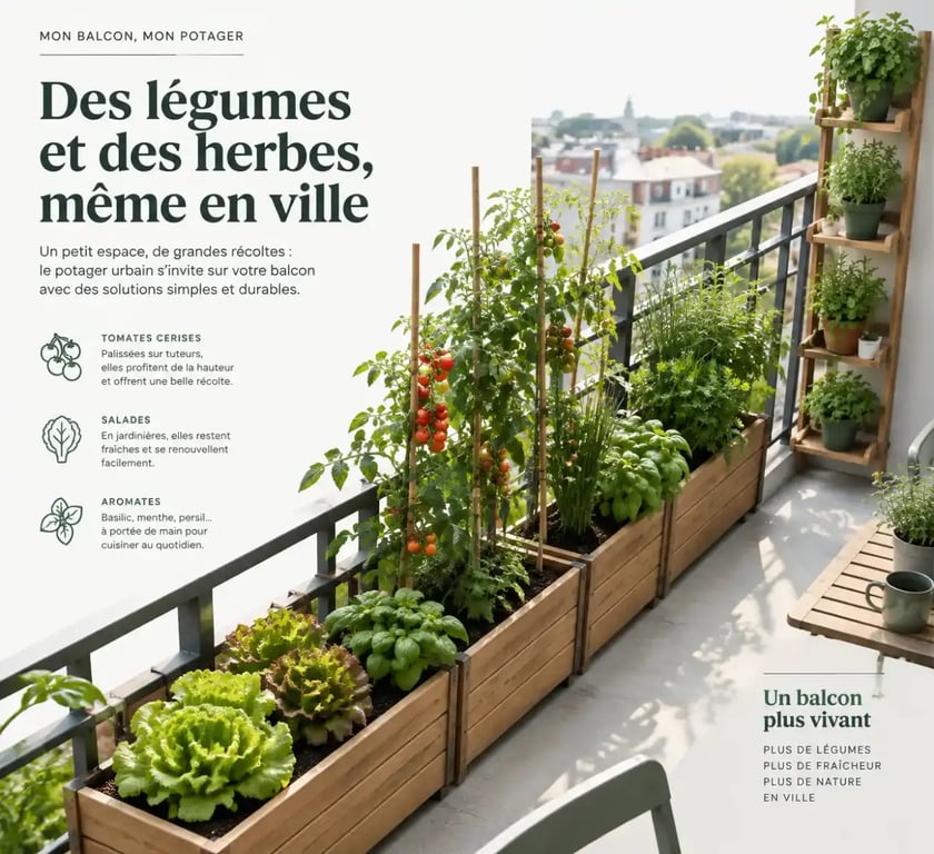 Potager urbain aménagé sur un balcon avec jardinières en bois et tomates cerises palissées