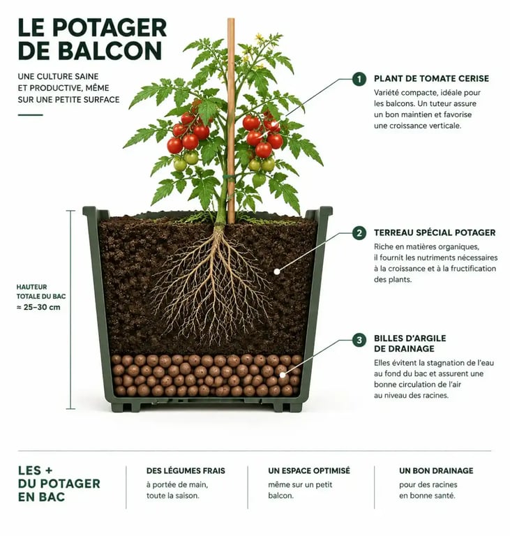 Schéma de drainage et profondeur de terreau pour un bac de potager de balcon
