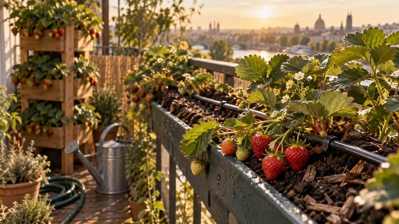 Plantation fraisier en hauteur sur balcon : fraisiers en jardinière