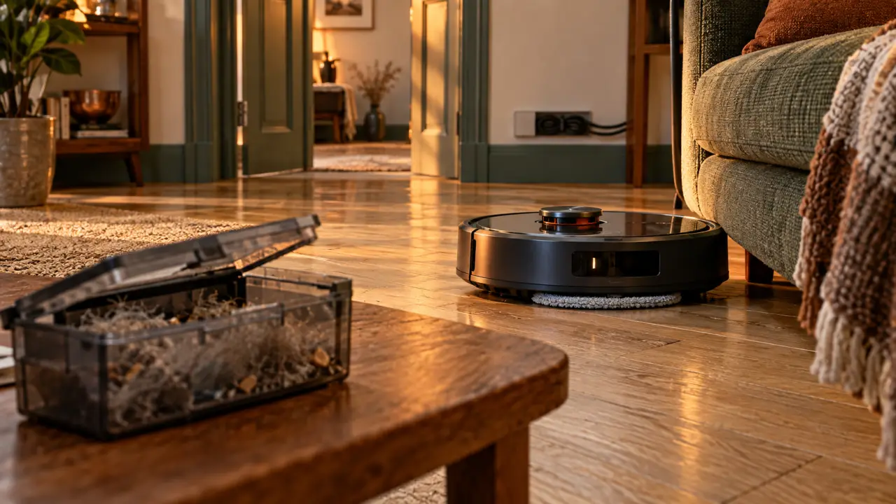 Robot aspirateur laveur Schneider avis : robot près du canapé, lingette microfibre